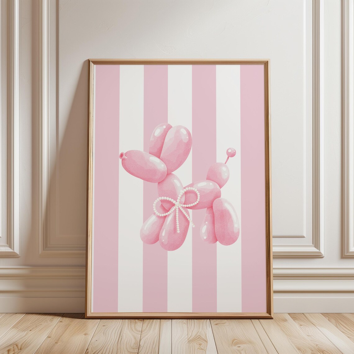 Pink Balloon Dog Pearl Bow Coquette Striped Girly Bedroom Poster