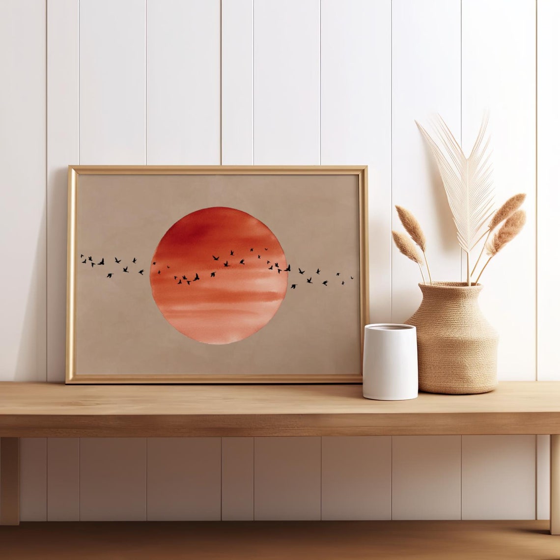 Blood Red Moon Bird Flock Japandi Wabi Sabi Sunset Art Poster
