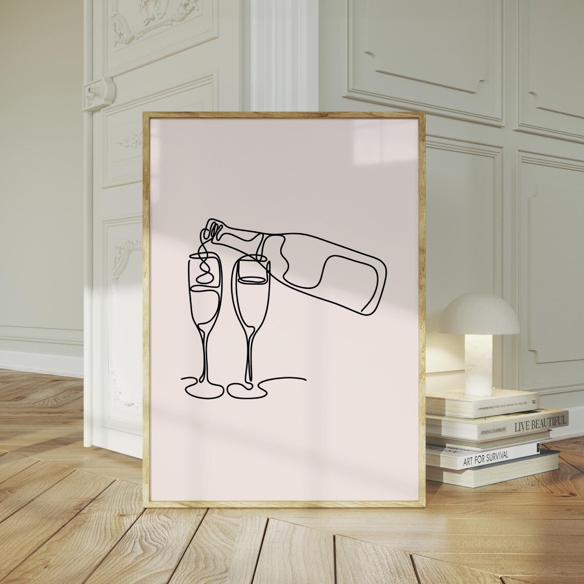 Champagne Pour One Line Drawing Flutes Minimalist Party Wall Art - Image 3