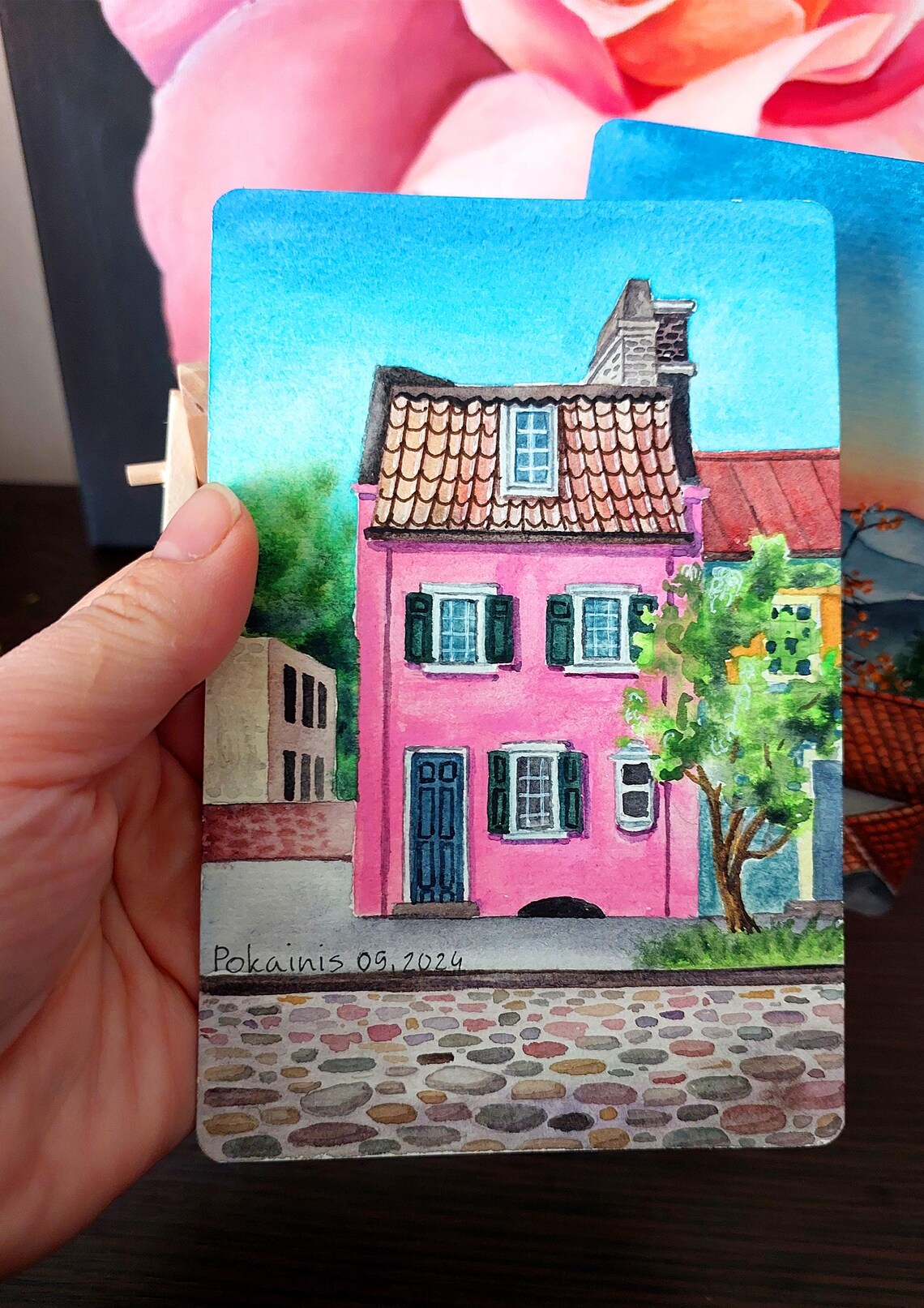 Pink House on Cobblestone Street Watercolor Miniature Poster