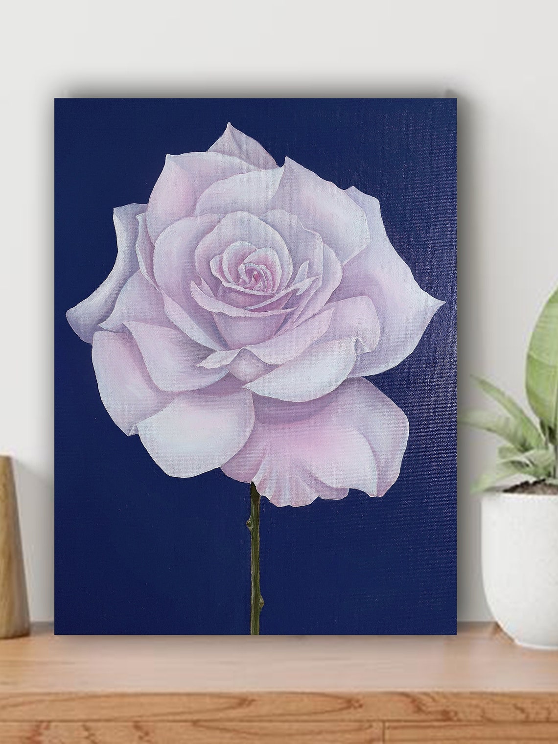 White Rose Oil Painting Poster Pale Bloom On Navy Background - Image 3