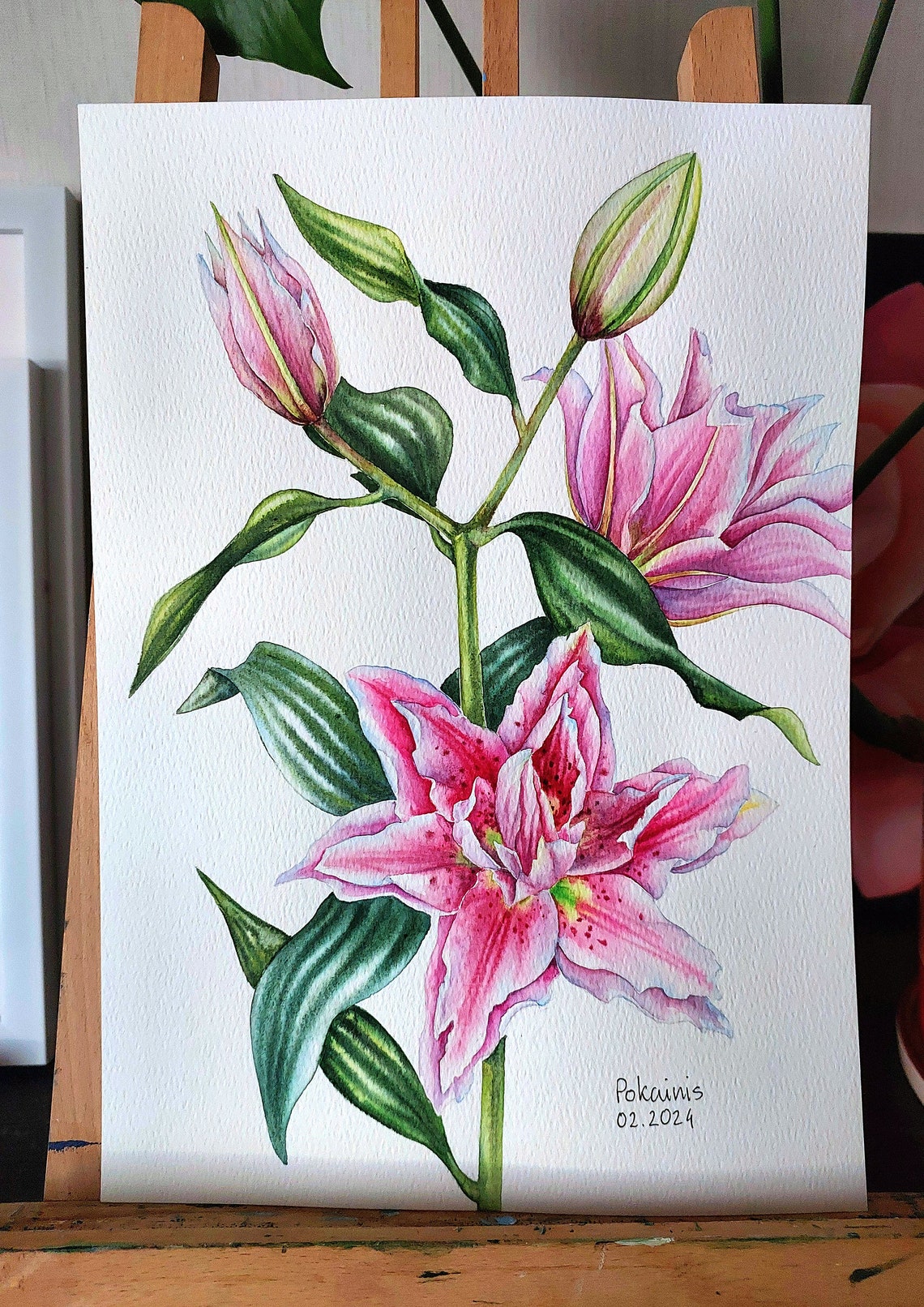 Pink Lily Watercolor Poster With Spotted Double Bloom And Buds - Image 3