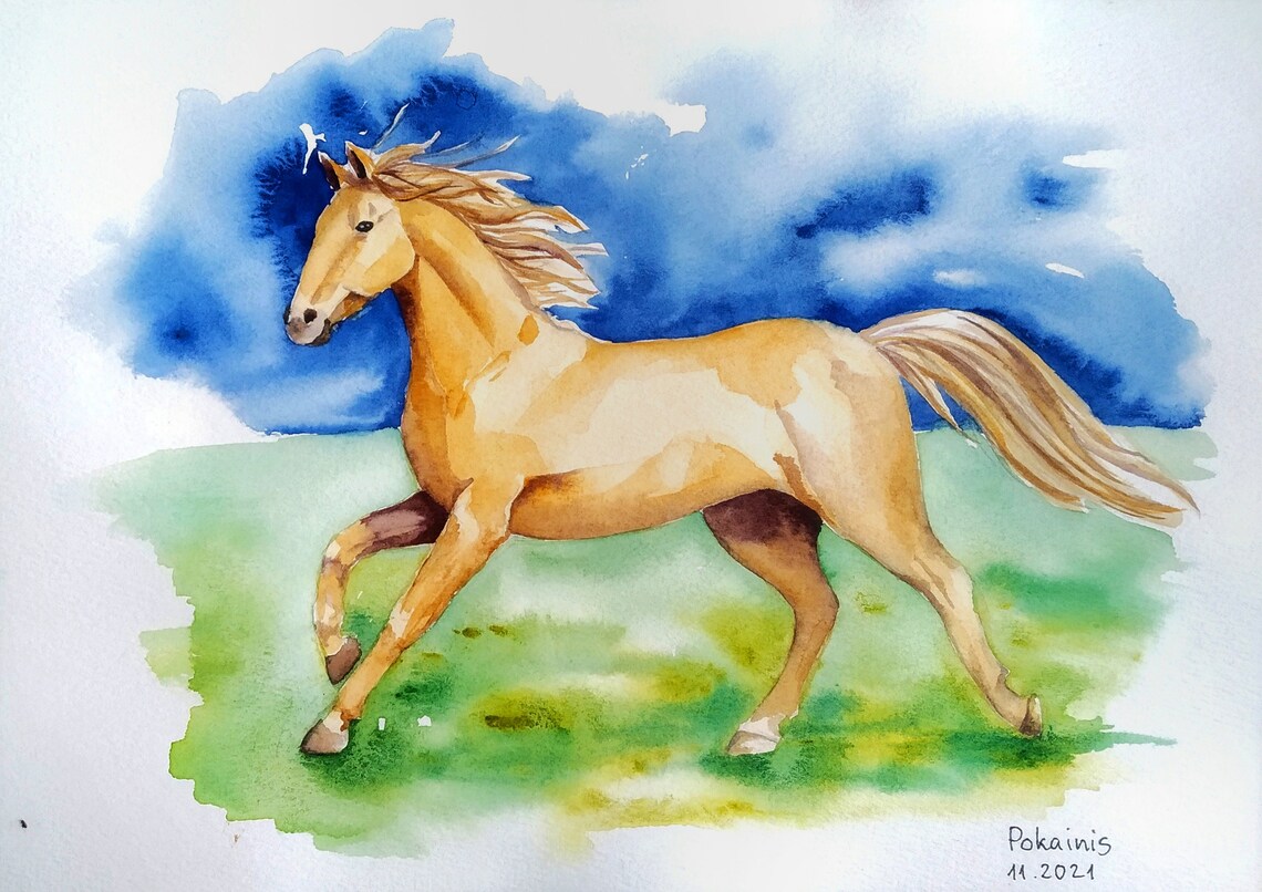 Golden Horse Galloping Across Field Watercolor Equine Art Poster