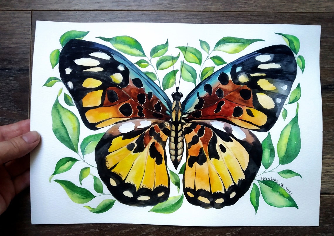 Orange and Black Butterfly Among Leaves Watercolor Art Poster - Image 4