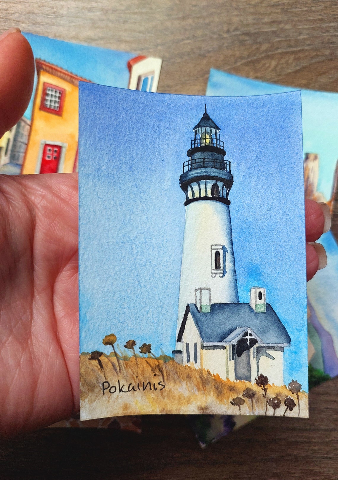 White Lighthouse with Keeper's House ACEO Watercolor Seascape Poster