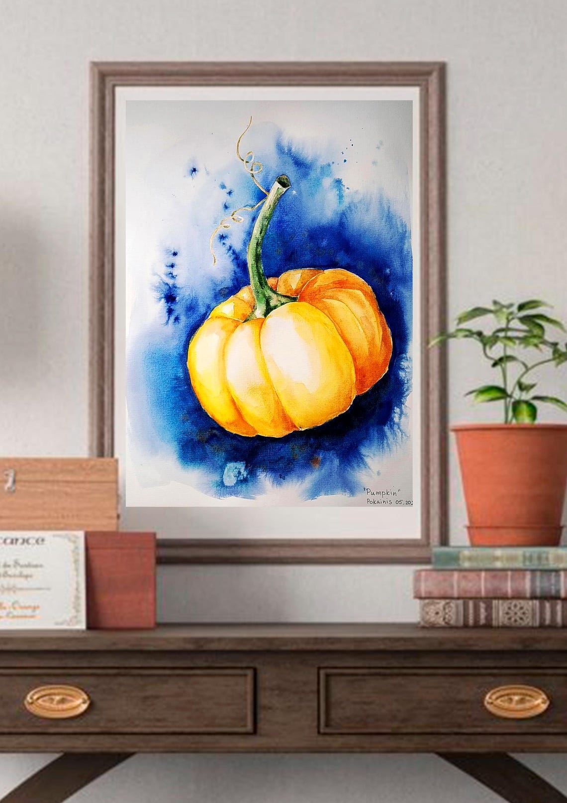Single Glowing Orange Pumpkin on Blue Watercolor Still Life Poster - Image 4