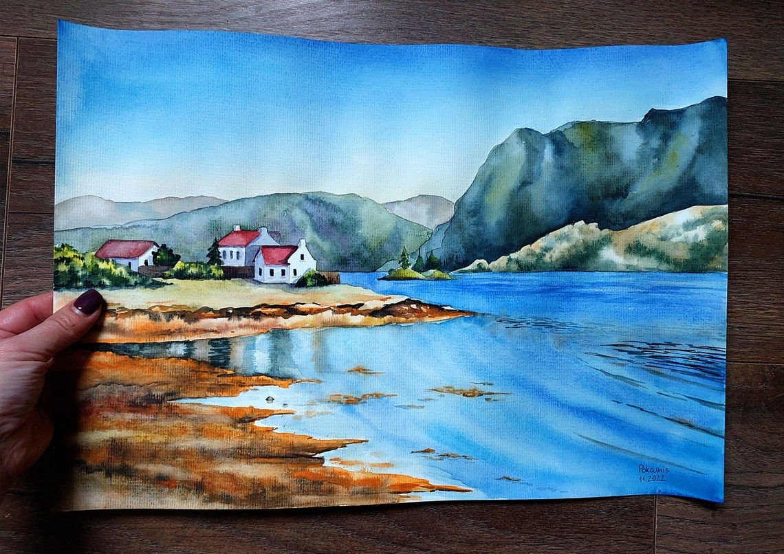 Lakeside Village White Houses Red Roofs Watercolor Scenic Poster - Image 3