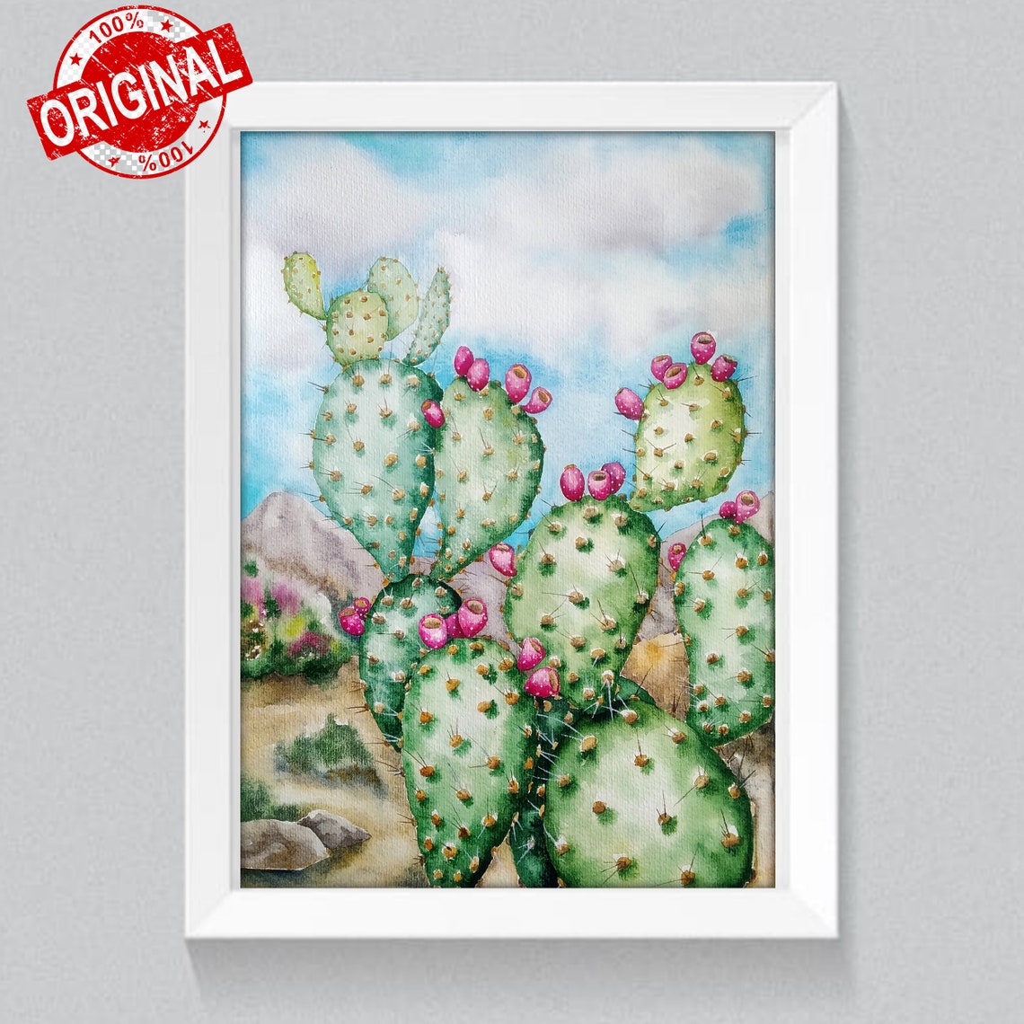 Prickly Pear Watercolor Poster With Pink Buds Desert Landscape - Image 5