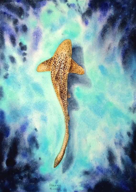 Leopard Shark Gliding through Turquoise Water Watercolor Poster