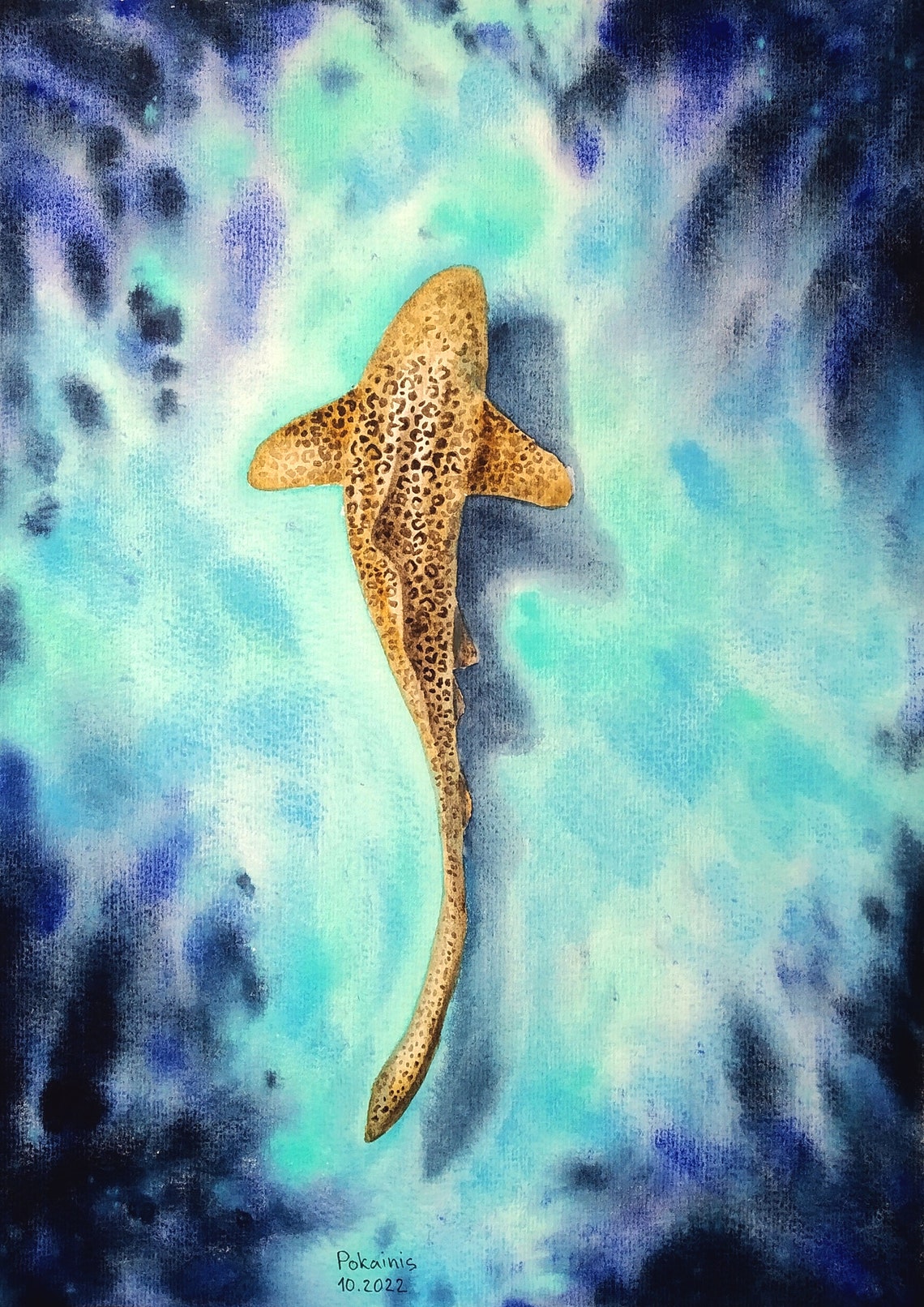 Leopard Shark Gliding through Turquoise Water Watercolor Poster