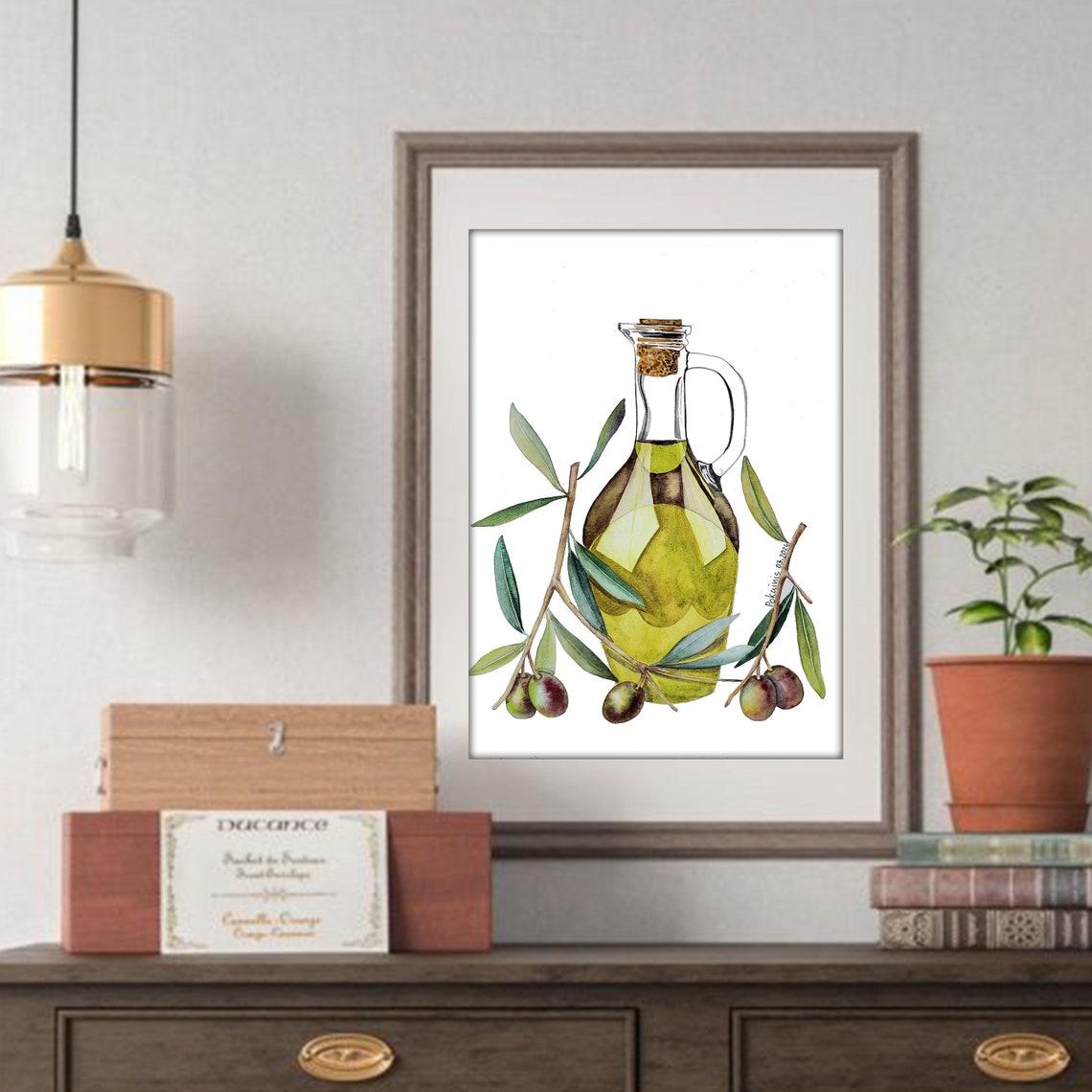 Olive Oil Bottle with Olive Branches Watercolor Kitchen Poster - Image 4