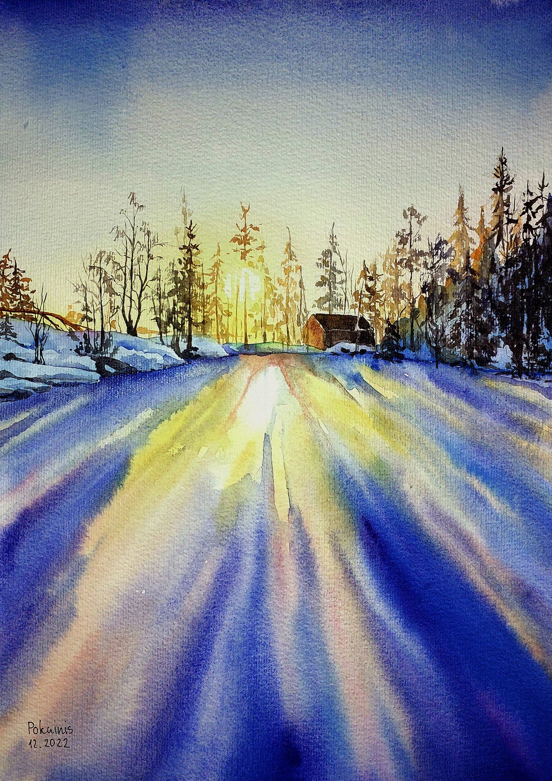 Snowy Forest Road at Golden Sunset Watercolor Winter Scene Poster