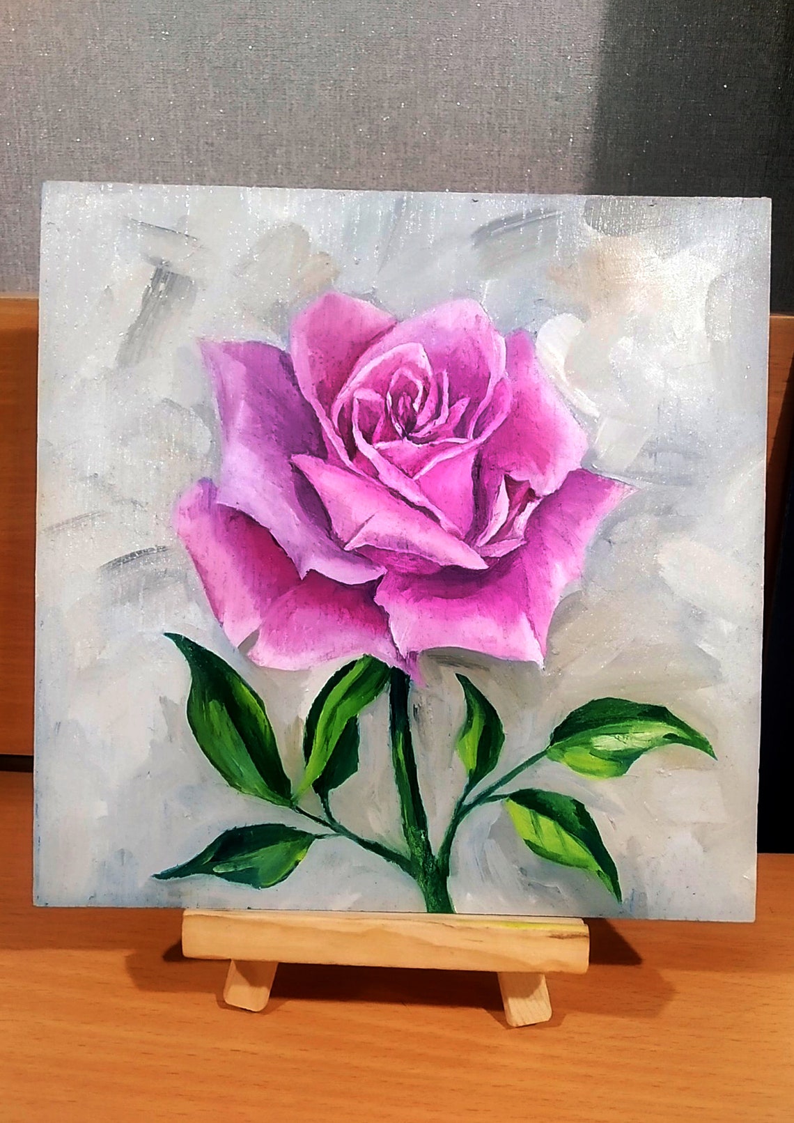 Blooming Pink Rose Oil Painting Poster On Soft Gray Background - Image 4
