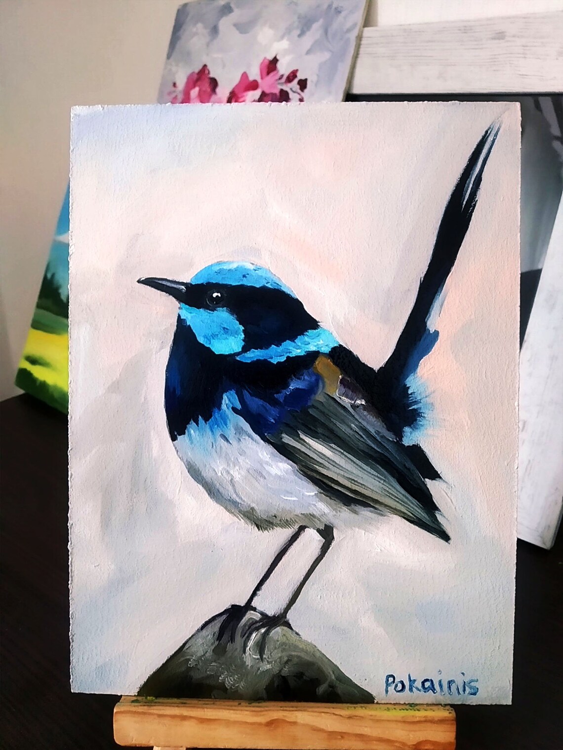 Superb Fairywren Male in Breeding Plumage Oil Bird Art Poster - Image 4