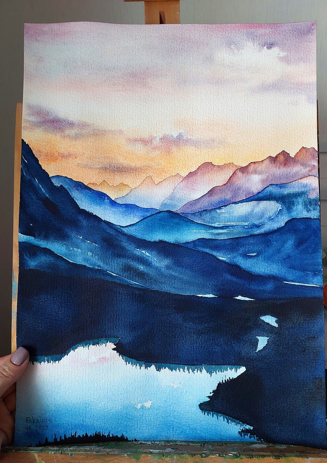 Mountain Lake Sunset Watercolor Poster Blue Peaks Reflection - Image 5