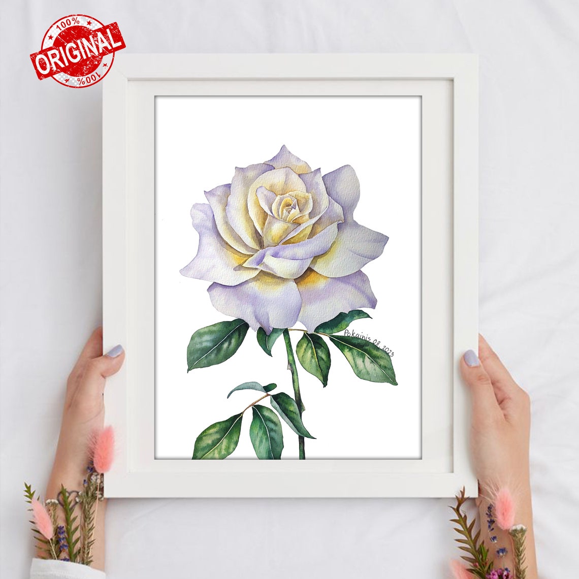 White Rose Watercolor Poster With Cream Bloom And Green Leaves - Image 3