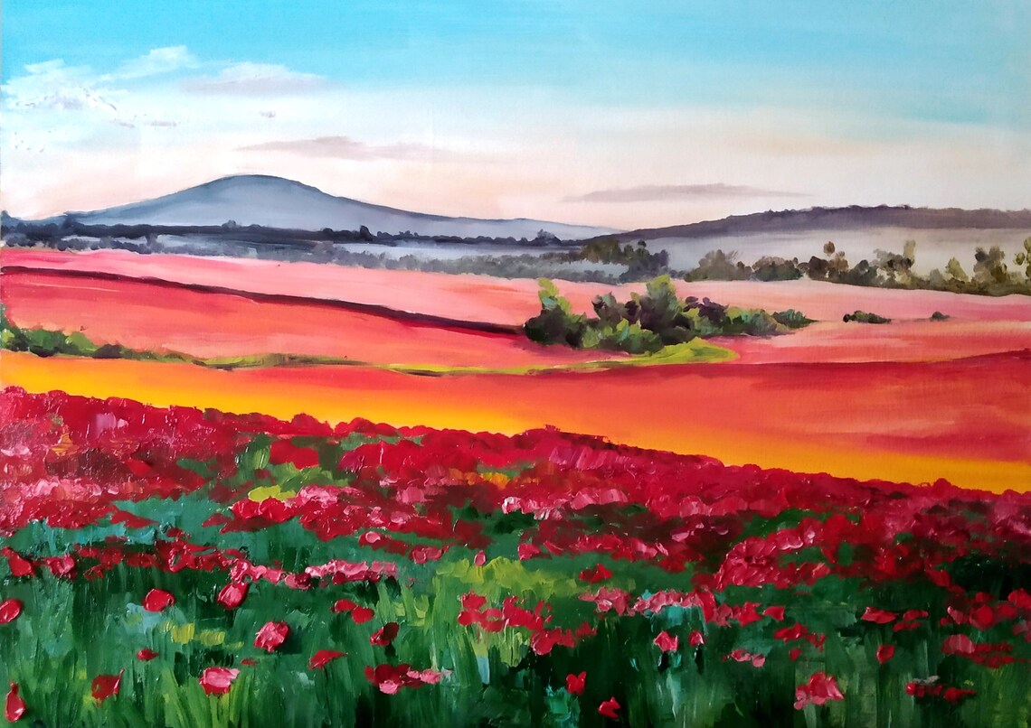 Red Poppy Meadow with Rolling Hills Oil Painting Landscape Poster