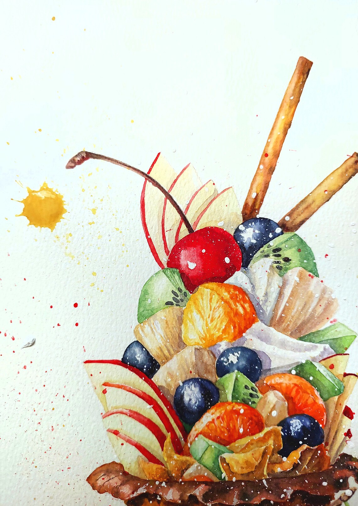 Cupcake Original Watercolor Painting Food Wall Art Fruit Painting Fruit Still Life Painting Cherry Wall Art Kitchen Original Fine Art - Image 3