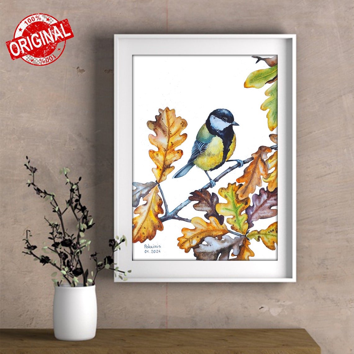 Great Tit Watercolor Bird Poster Perched On Autumn Oak Branch - Image 3
