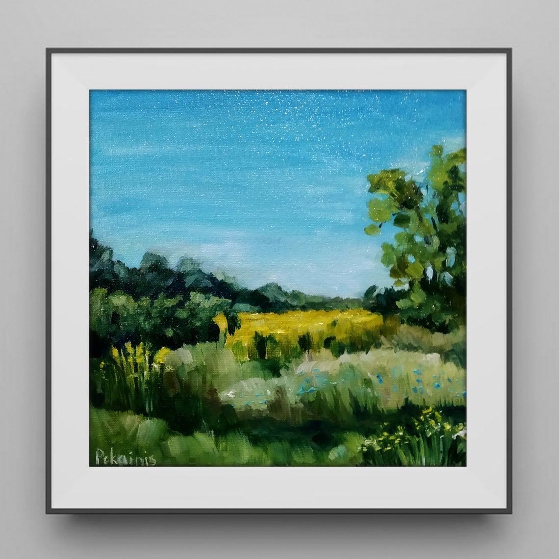Original Landscape Oil Painting Small Oil Artwork 8x8 Format Wall Art Meadow Countryside Painting Tree Fine Art Kitchen Original Art - Image 2