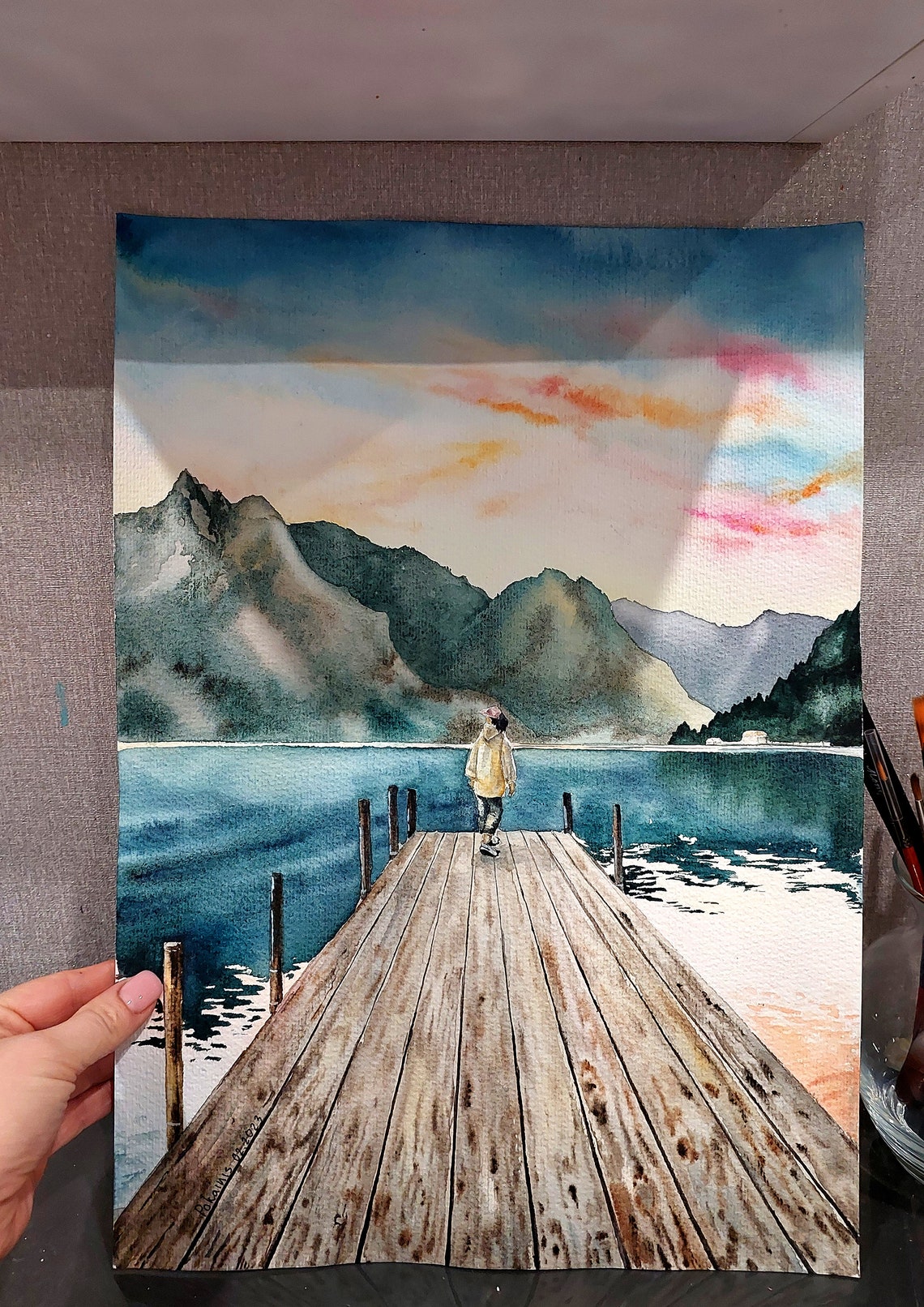 Original Watercolor Landscape Painting Painting From Photo Lake Mountain Wall Art Sunset Smoky Mountains Artwork Lake House Wall Decor - Image 4