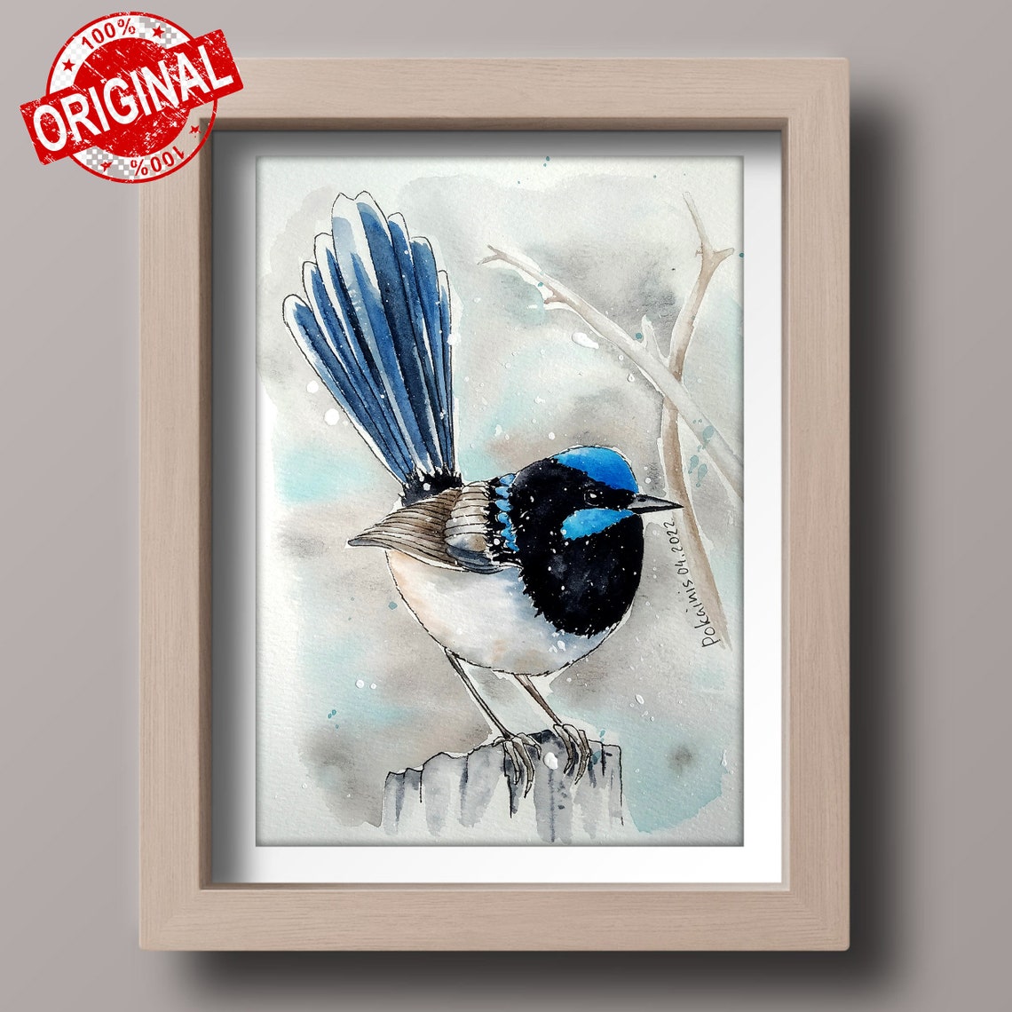 Superb Fairywren Raised Blue Tail Snowfall Watercolor Poster - Image 2