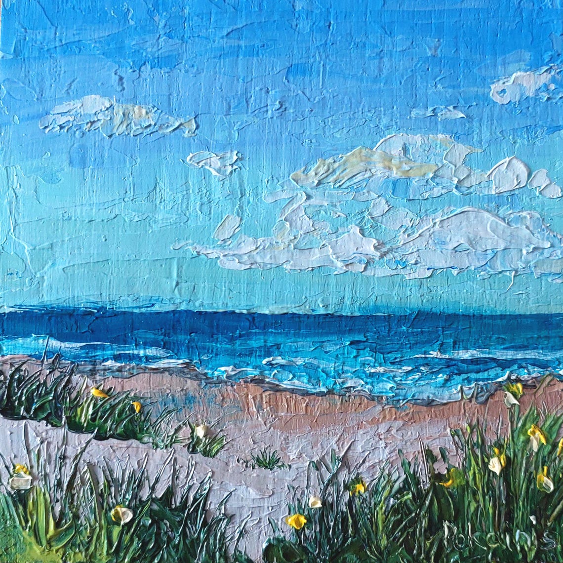 Sunny Beach Impasto Oil Painting Poster Ocean Waves And Dunes