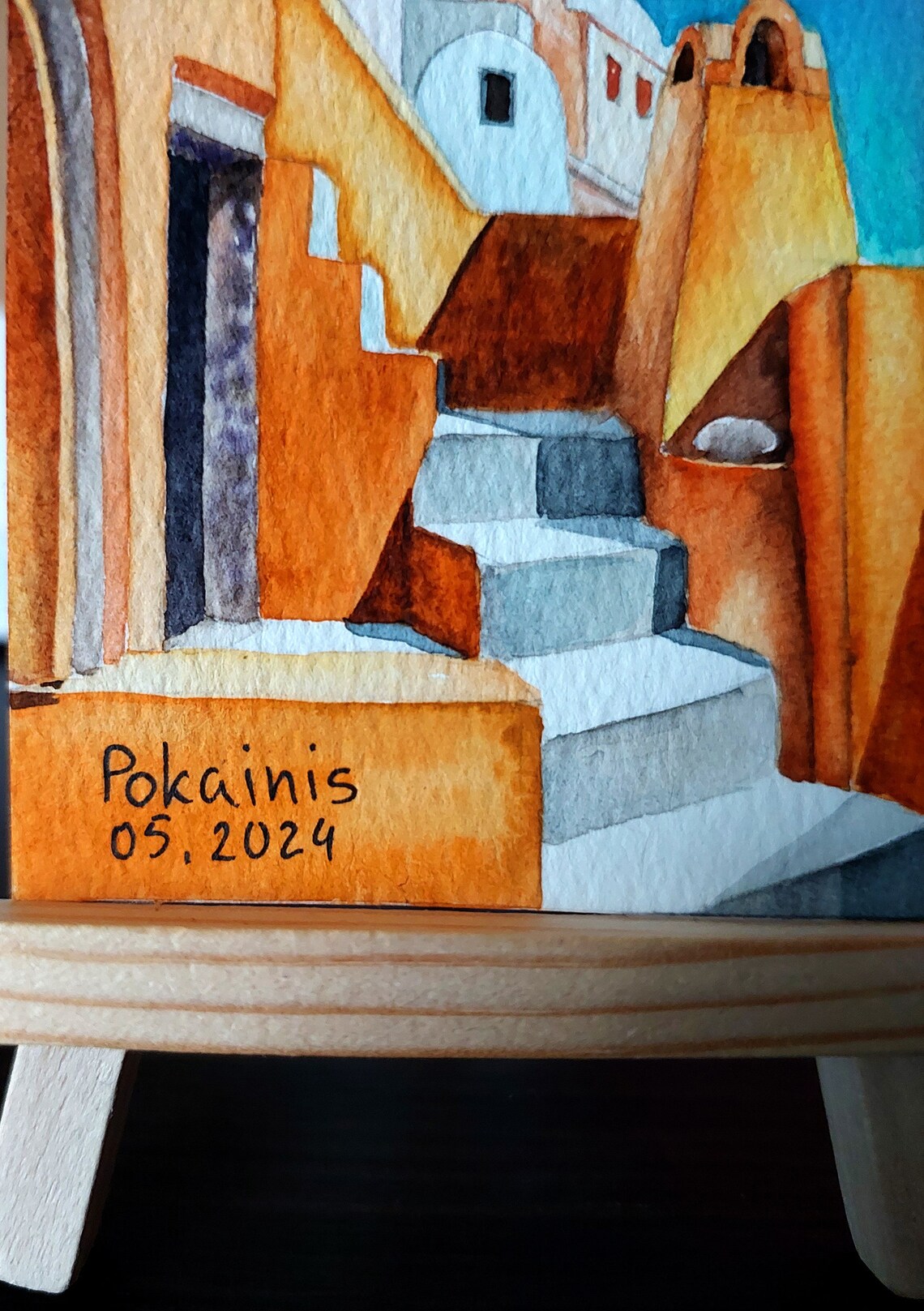 Santorini Old Town Ochre Stairs Alley ACEO Watercolor Poster - Image 2