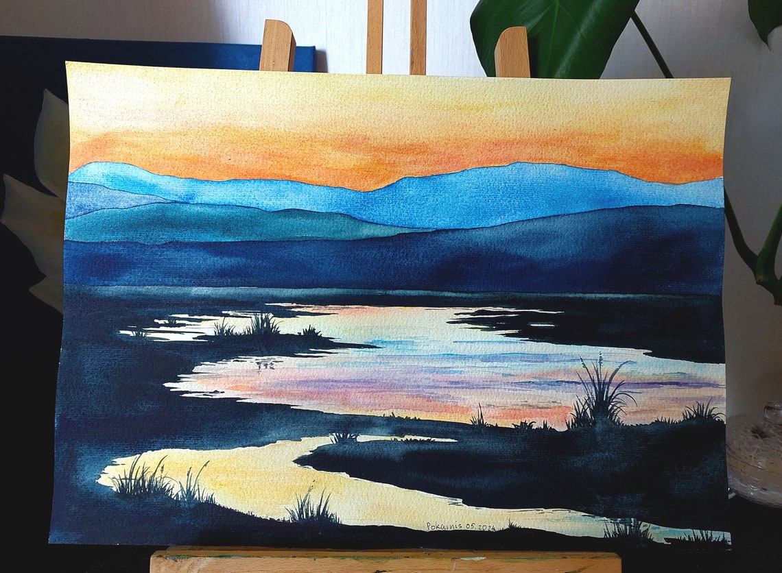 Original Watercolor Mountain Painting Sunset Wall Art Lake House Gift Custom Lake Art Blue Mountain Wall Art Handmade River Fine Art - Image 2
