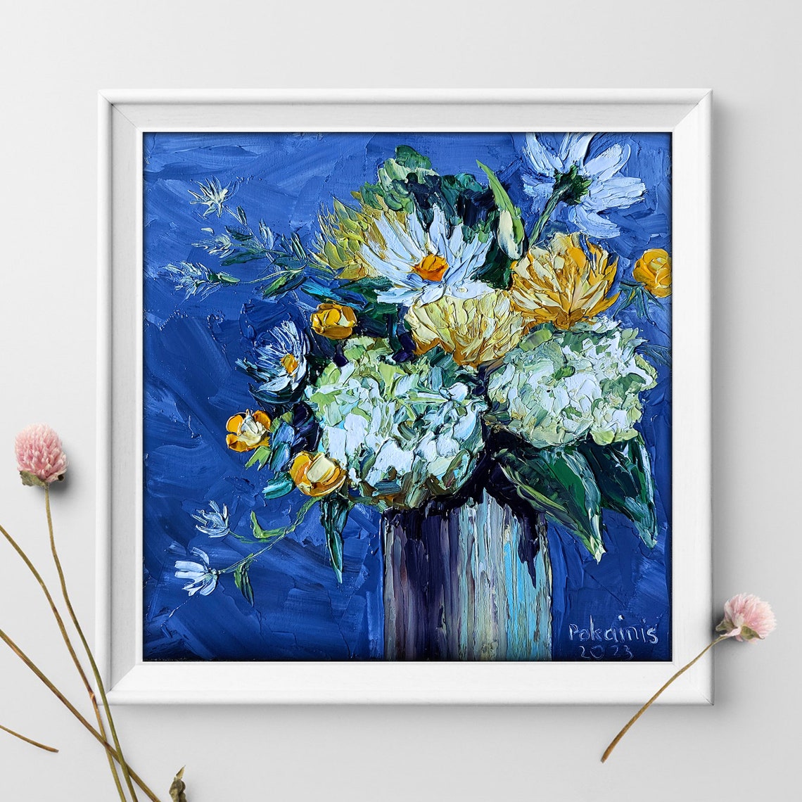White Hydrangea and Daisy Bouquet Impasto Oil Floral Art Poster - Image 2