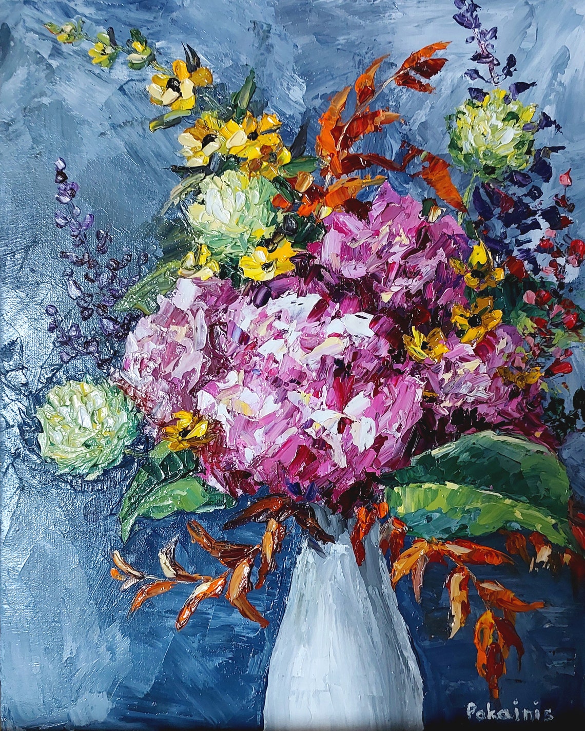 Billowy Pink Hydrangea White Vase Cool Blue Background Impasto Poster