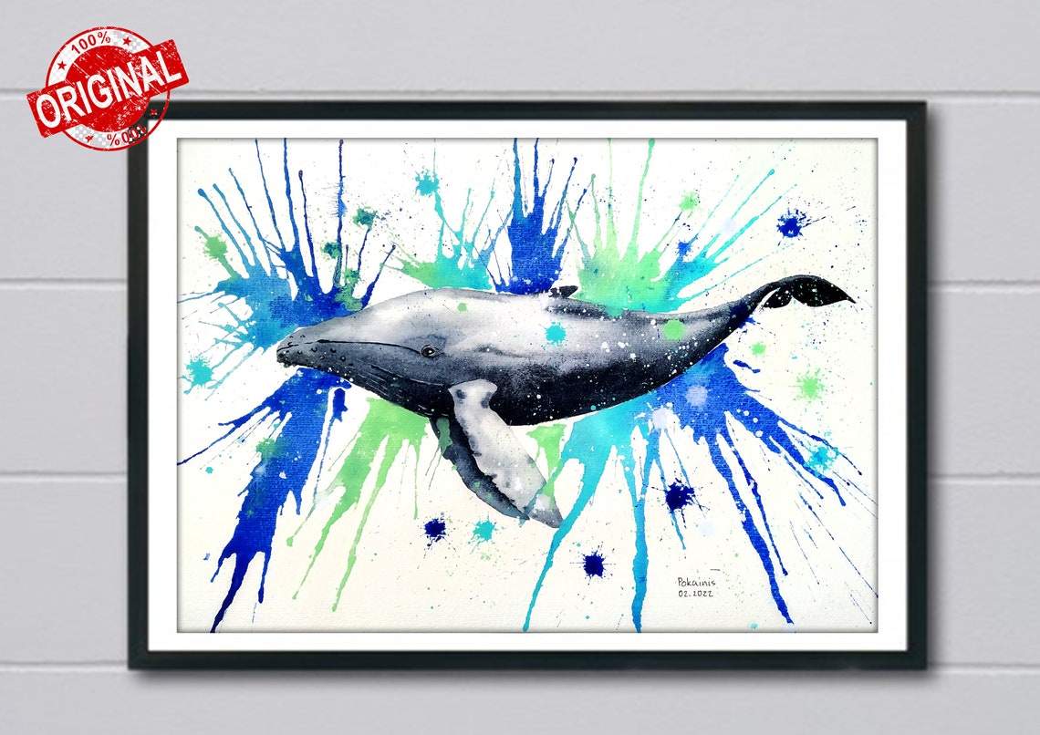 Humpback Whale with Blue Paint Splashes Watercolor Ocean Poster - Image 2