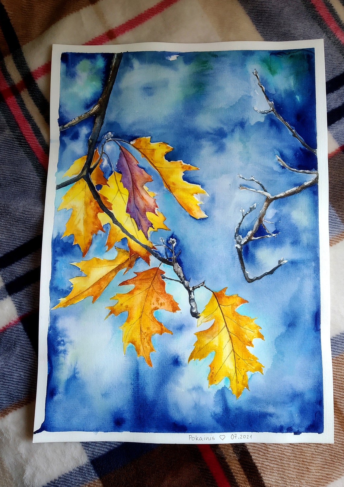 Autumn Oak Leaves Falling Over a Deep Blue Sky Watercolor Print - Image 5