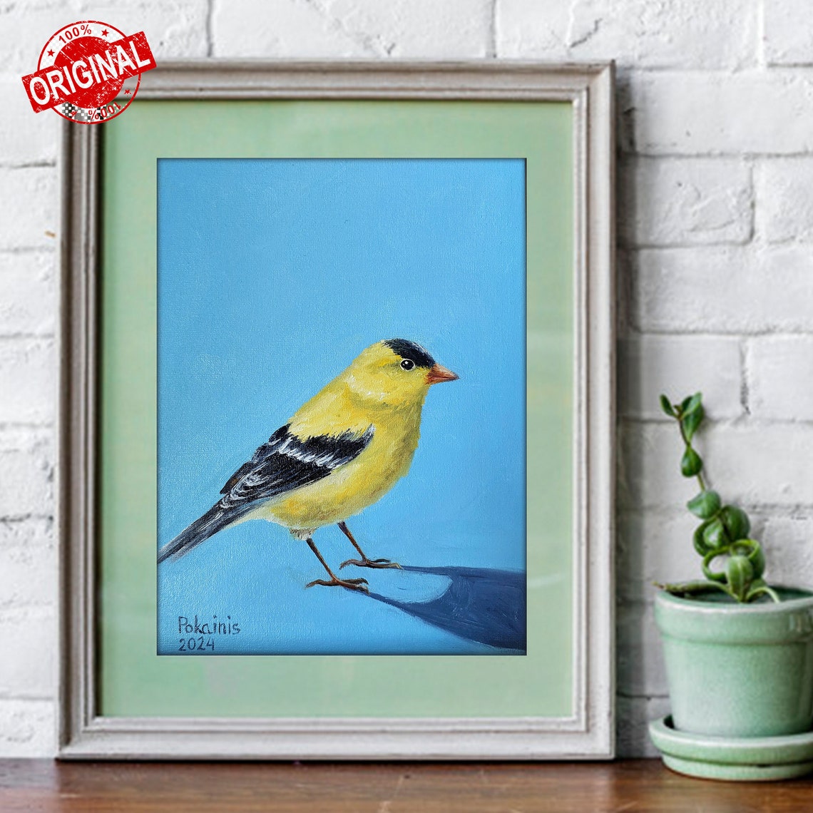 American Goldfinch Male on Bright Blue Background Oil Poster - Image 2