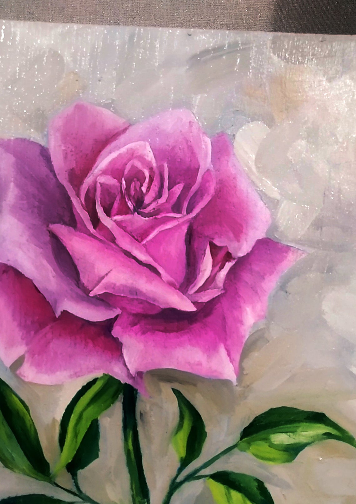 Blooming Pink Rose Oil Painting Poster On Soft Gray Background - Image 2