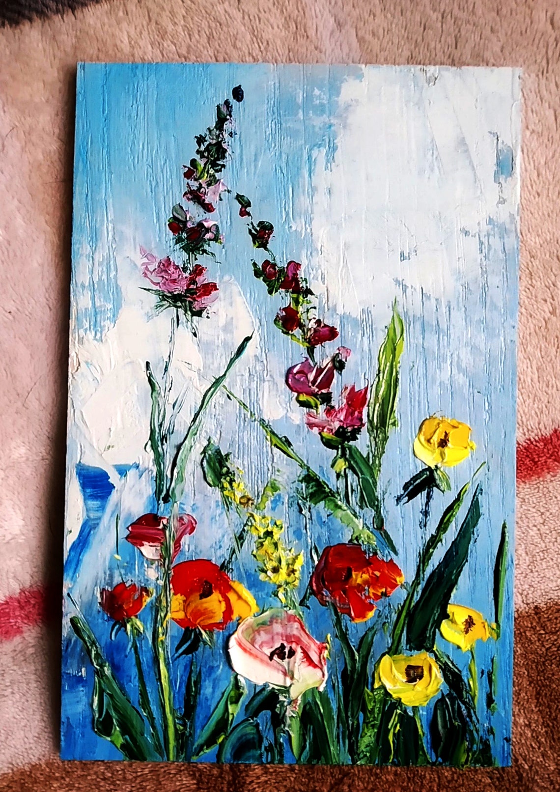 Red Poppies and Yellow Wildflowers Meadow Impasto Oil Poster - Image 3