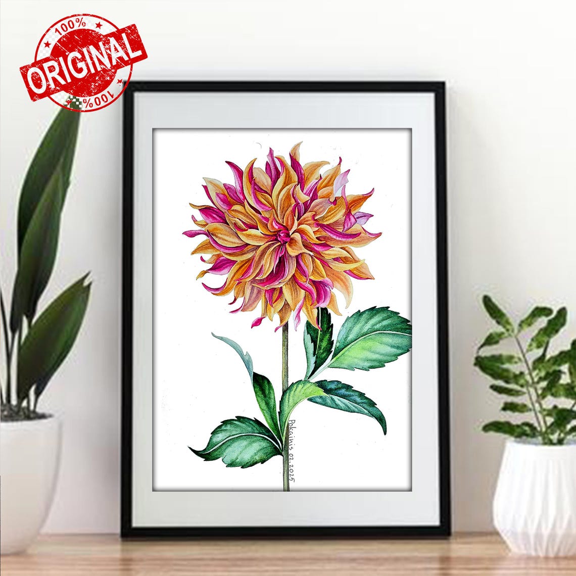 Single Dahlia Watercolor Amber Pink Floral Botanical Art Poster - Image 4