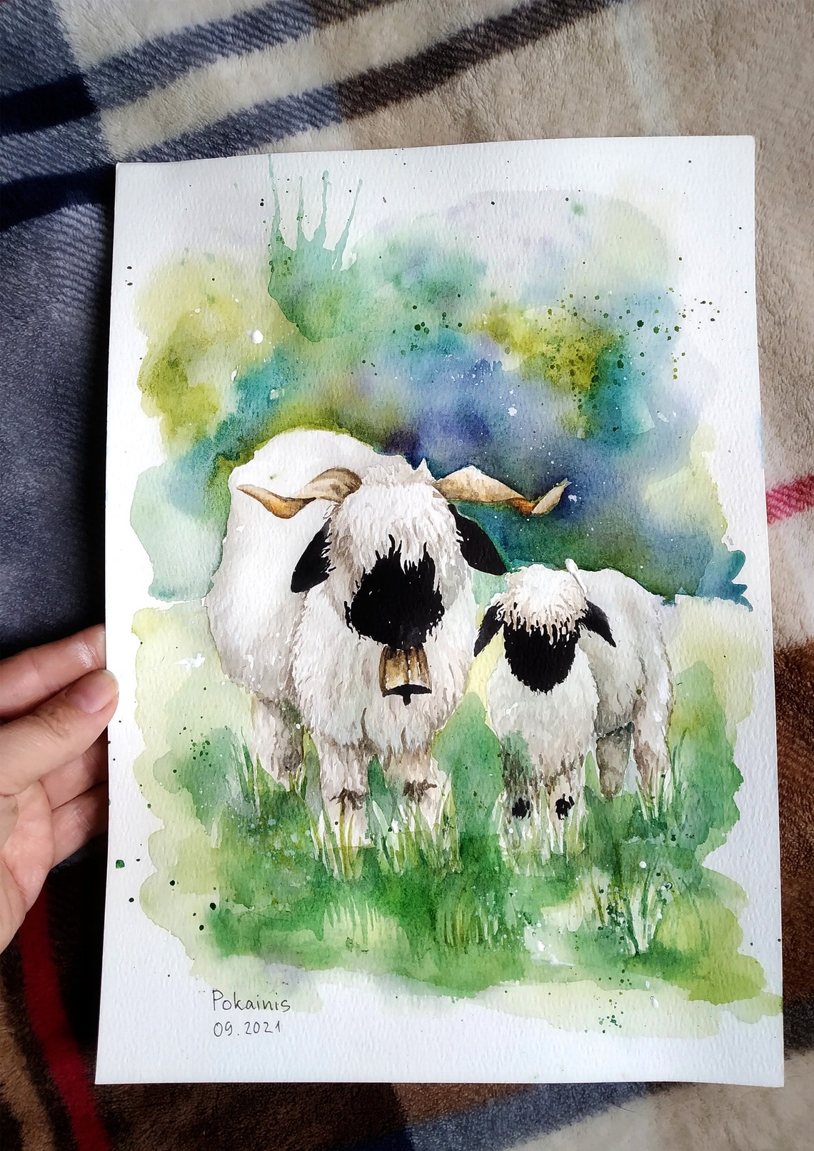 Black Faced Sheep and Her Woolly Lamb in Meadow Watercolor Poster - Image 3