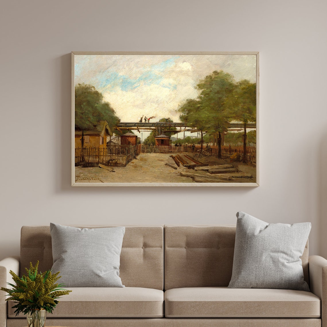 Vintage Oil Painting Railway Crossing Workers Timber Yard Art Poster - Image 2