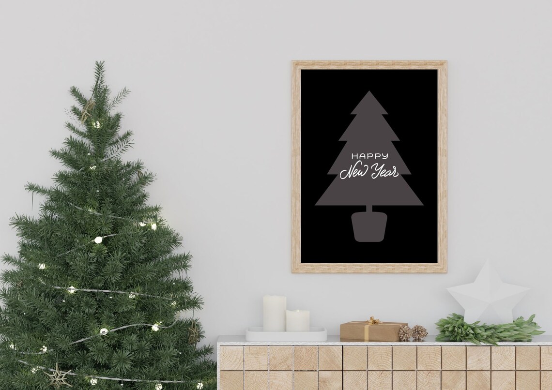 Happy New Year Grey Christmas Tree Black Minimalist Wall Art - Image 4