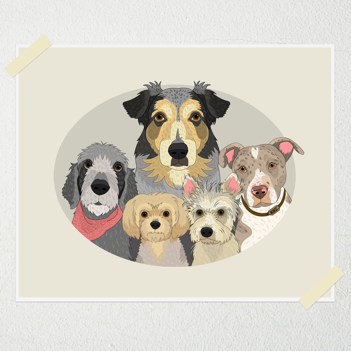 Two Dogs and Three Cats Group Pet Portrait Custom Illustration Poster - Image 6