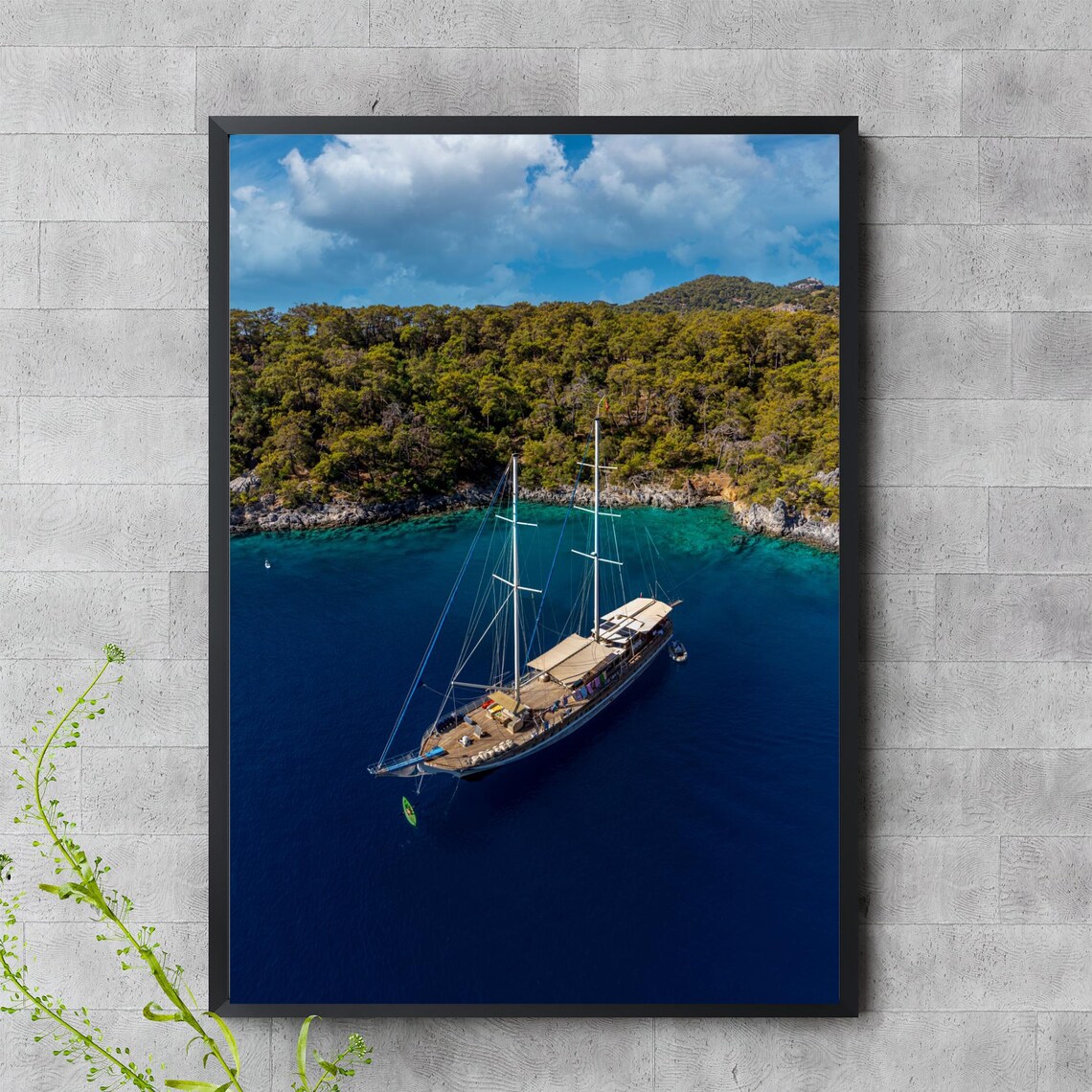 Luxury Sailing Yacht Aerial View Turquoise Bay Mediterranean Coast Poster