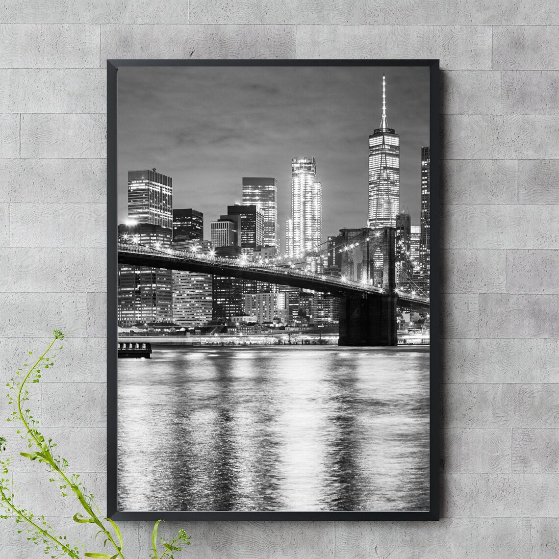 New York City Brooklyn Bridge Night Skyline Black White Poster