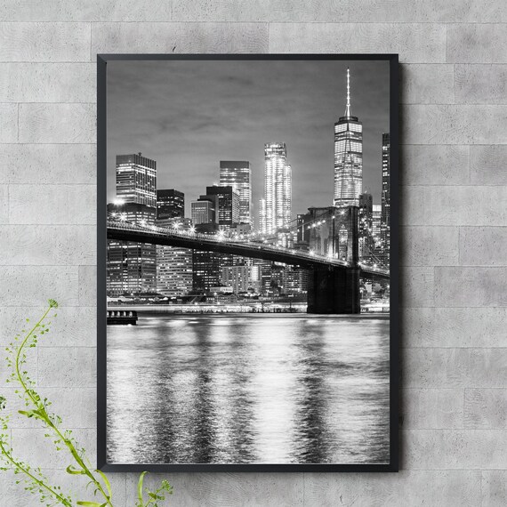New York City Skyline Wall Art Brooklyn Bridge One World Trade Center Black And White Print