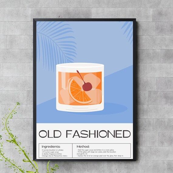 Old Fashioned Whiskey Cocktail Recipe Bar Art Illustrated Poster