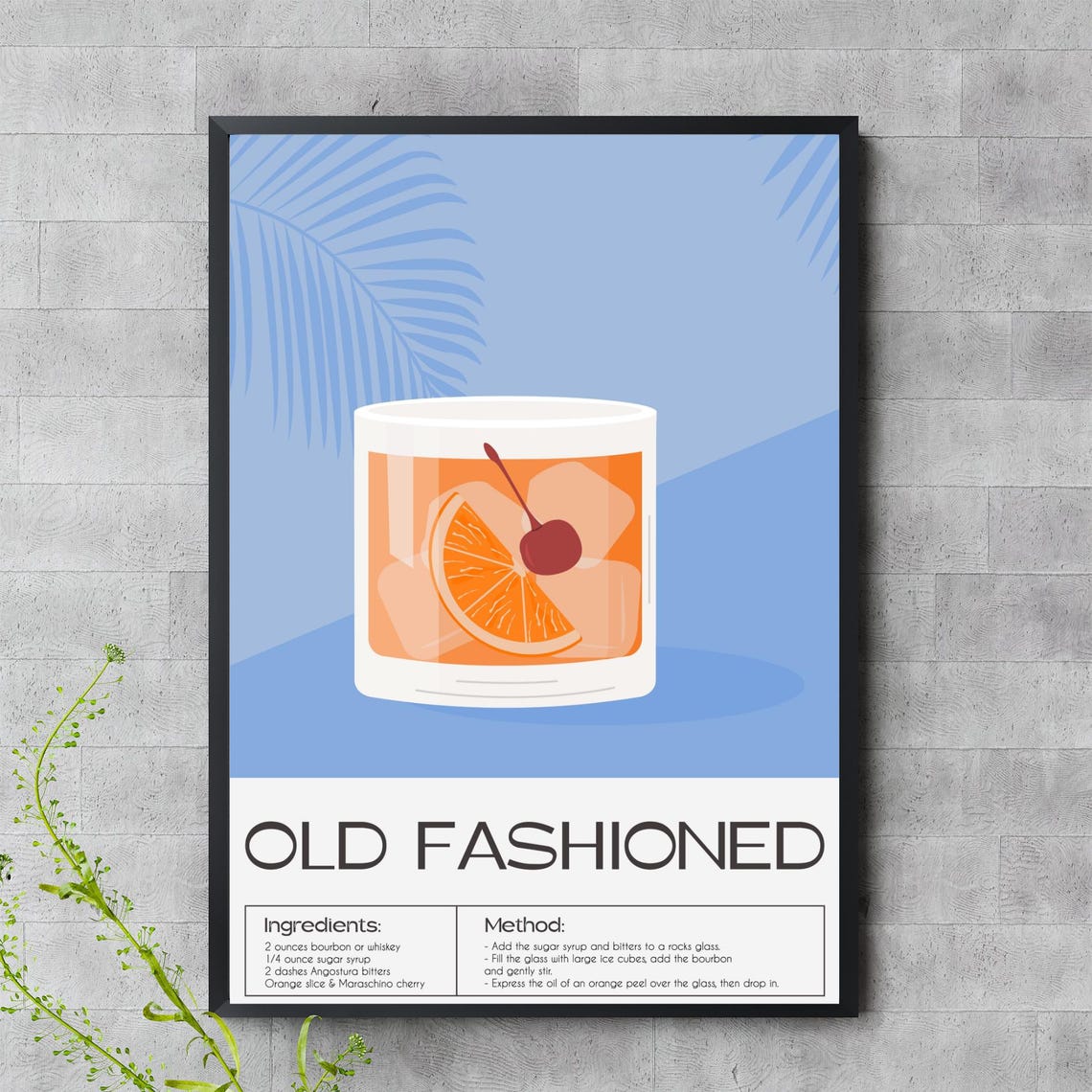 Old Fashioned Whiskey Cocktail Recipe Bar Art Illustrated Poster