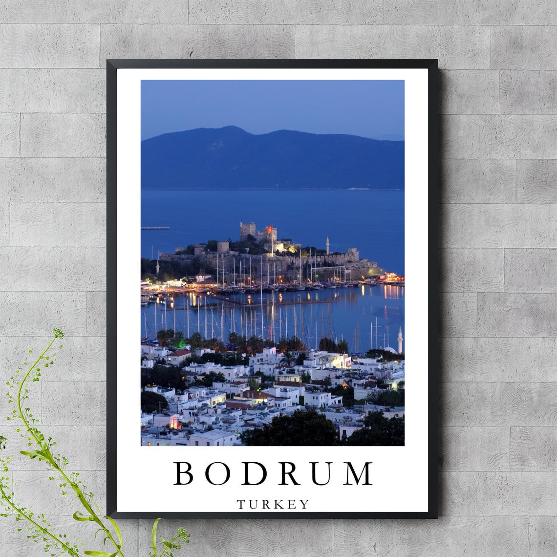 Bodrum Turkey Aegean Night Harbor Castle Blue Marina Travel Poster