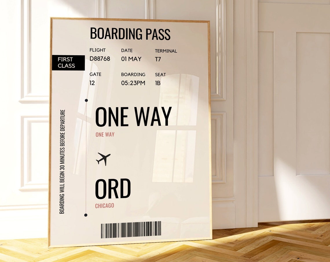 Chicago O'Hare Airport Code Boarding Pass One Way Travel Art Poster