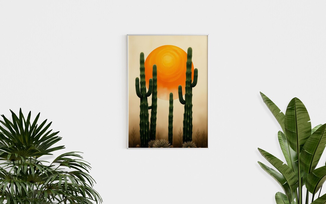 Green Cacti Silhouette Giant Orange Sun Desert Southwest Art Poster - Image 2