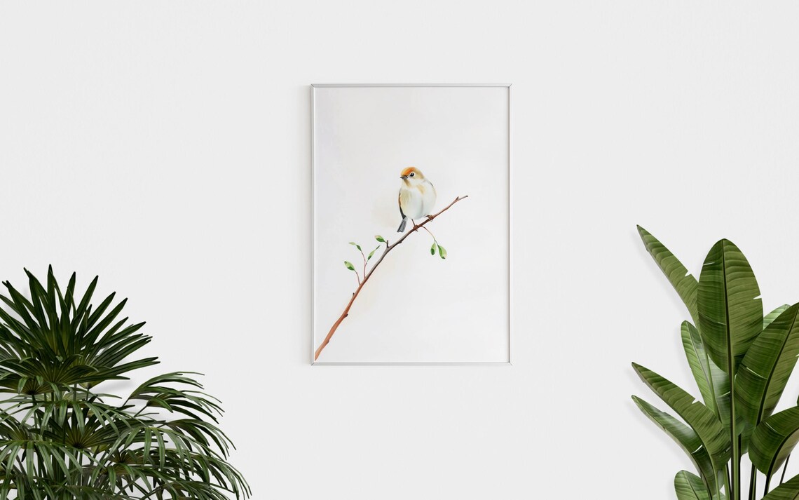 Tiny Bird On Branch Minimalist Watercolor Nature Sketch Wall Art Print - Image 2